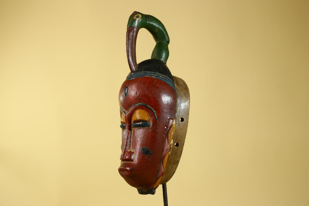 Vintage African Baule Style Mask with Bird Crest, Hand Carved Tribal Wall Art-G6184