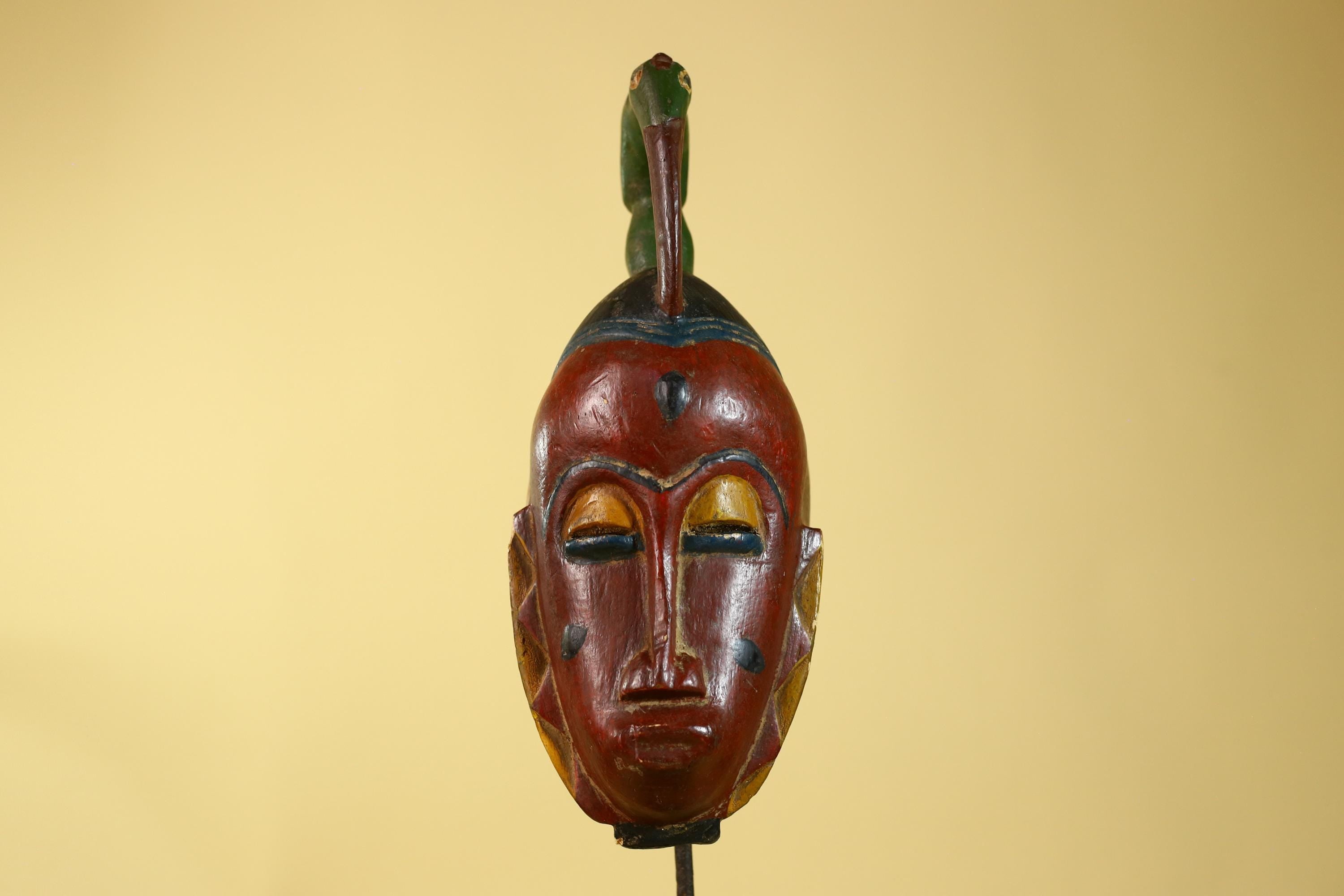 Vintage African Baule Style Mask with Bird Crest, Hand Carved Tribal Wall Art-G6184