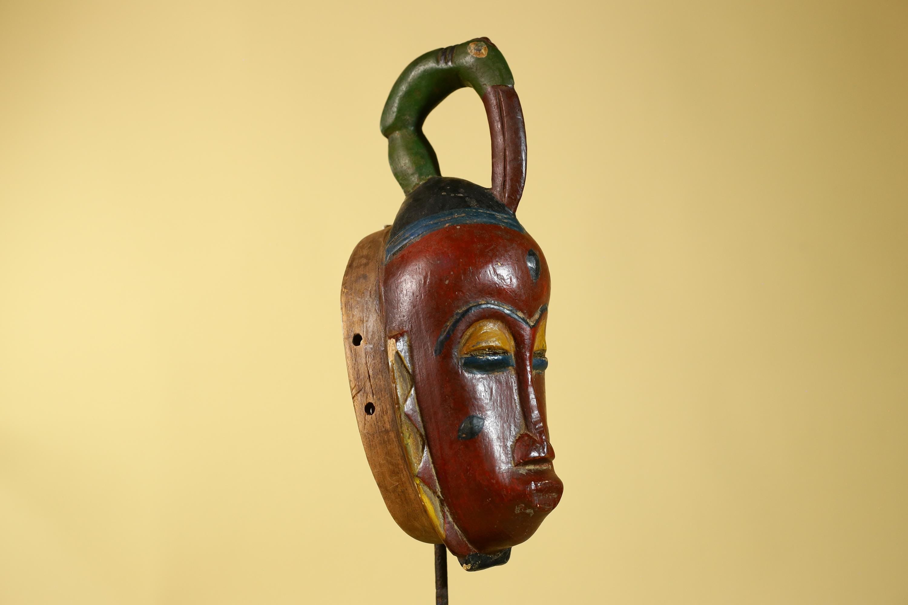 Vintage African Baule Style Mask with Bird Crest, Hand Carved Tribal Wall Art-G6184