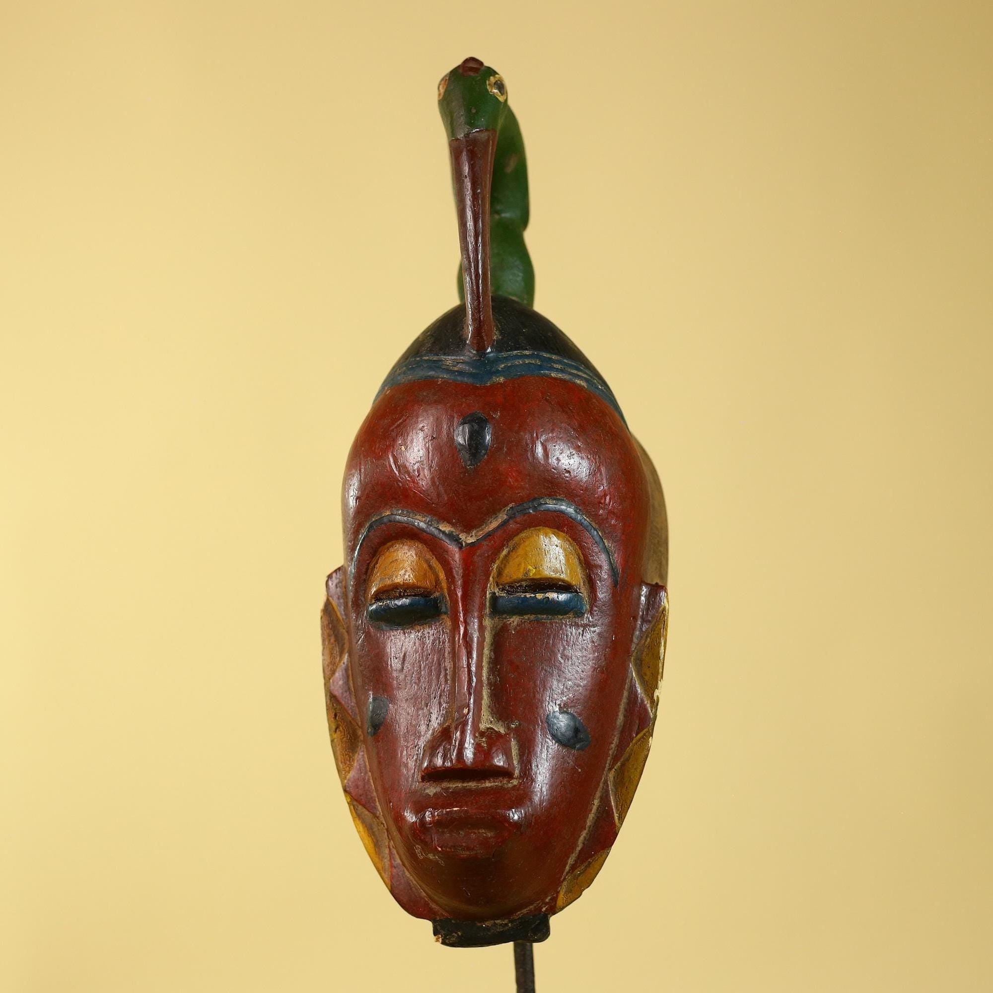 Vintage African Baule Style Mask with Bird Crest, Hand Carved Tribal Wall Art-G6184
