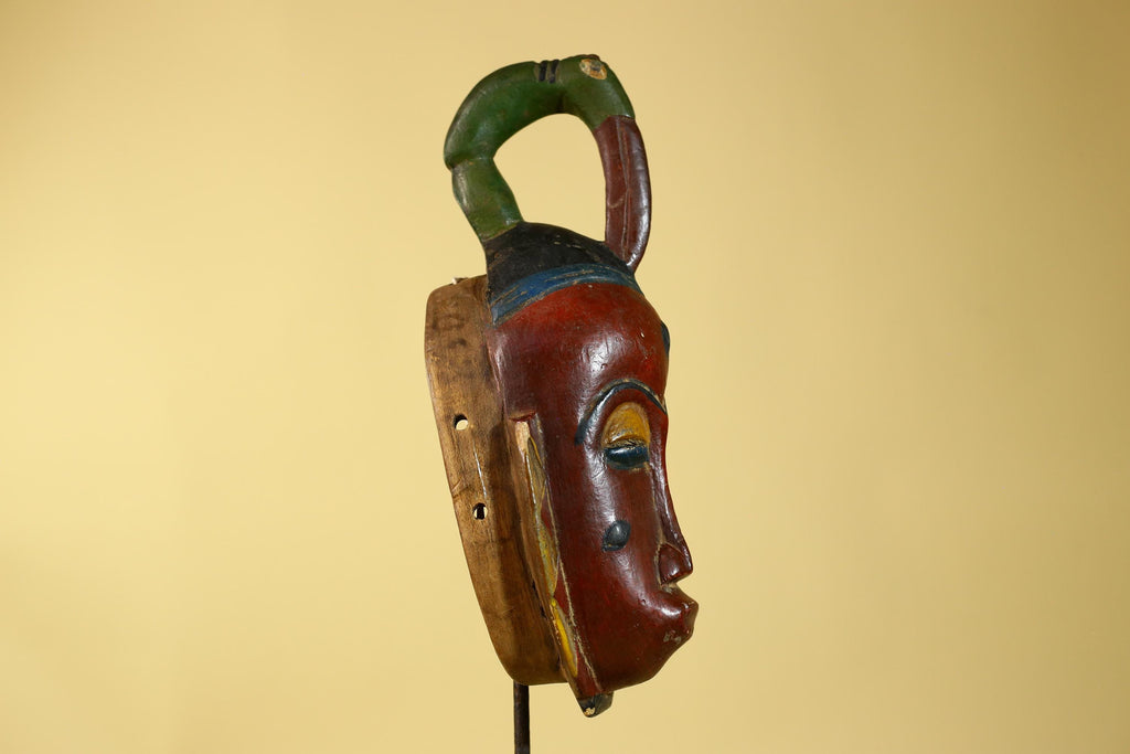 Vintage African Baule Style Mask with Bird Crest, Hand Carved Tribal Wall Art-G6184