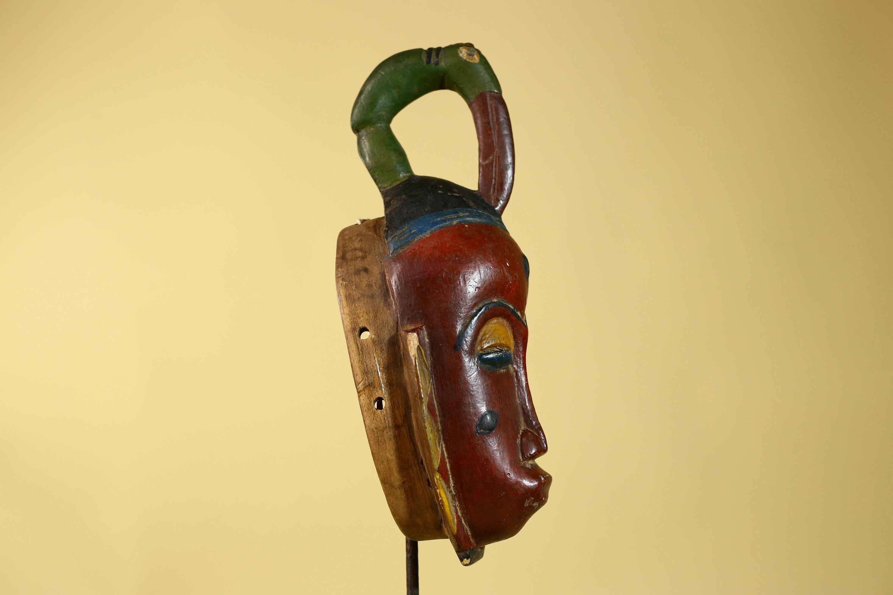 Vintage African Baule Style Mask with Bird Crest, Hand Carved Tribal Wall Art-G6184
