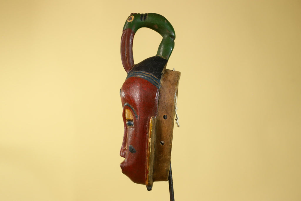 Vintage African Baule Style Mask with Bird Crest, Hand Carved Tribal Wall Art-G6184