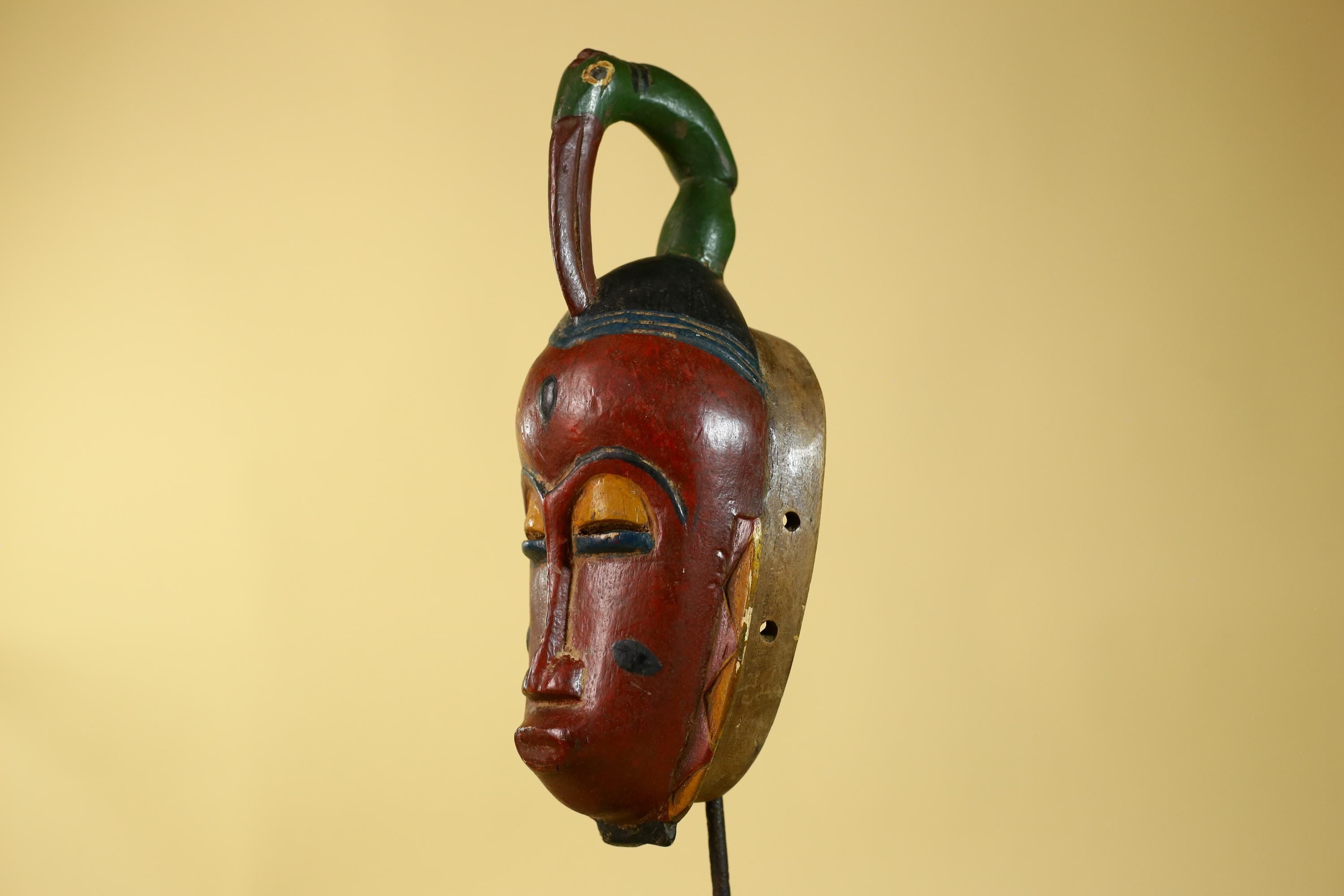 Vintage African Baule Style Mask with Bird Crest, Hand Carved Tribal Wall Art-G6184