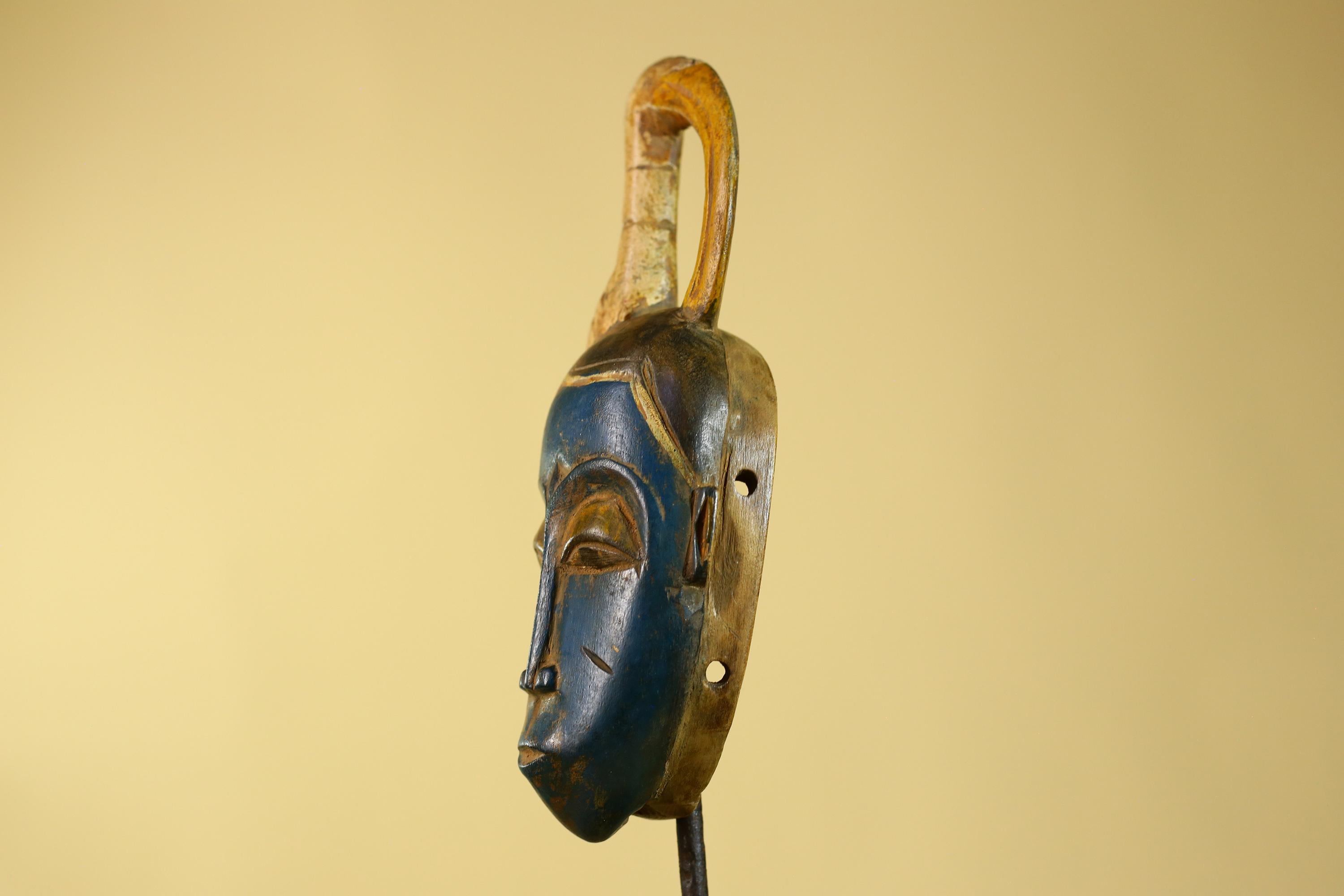 Vintage African Baule Style Mask with Curved Crest, Hand Carved Tribal Art-G6185