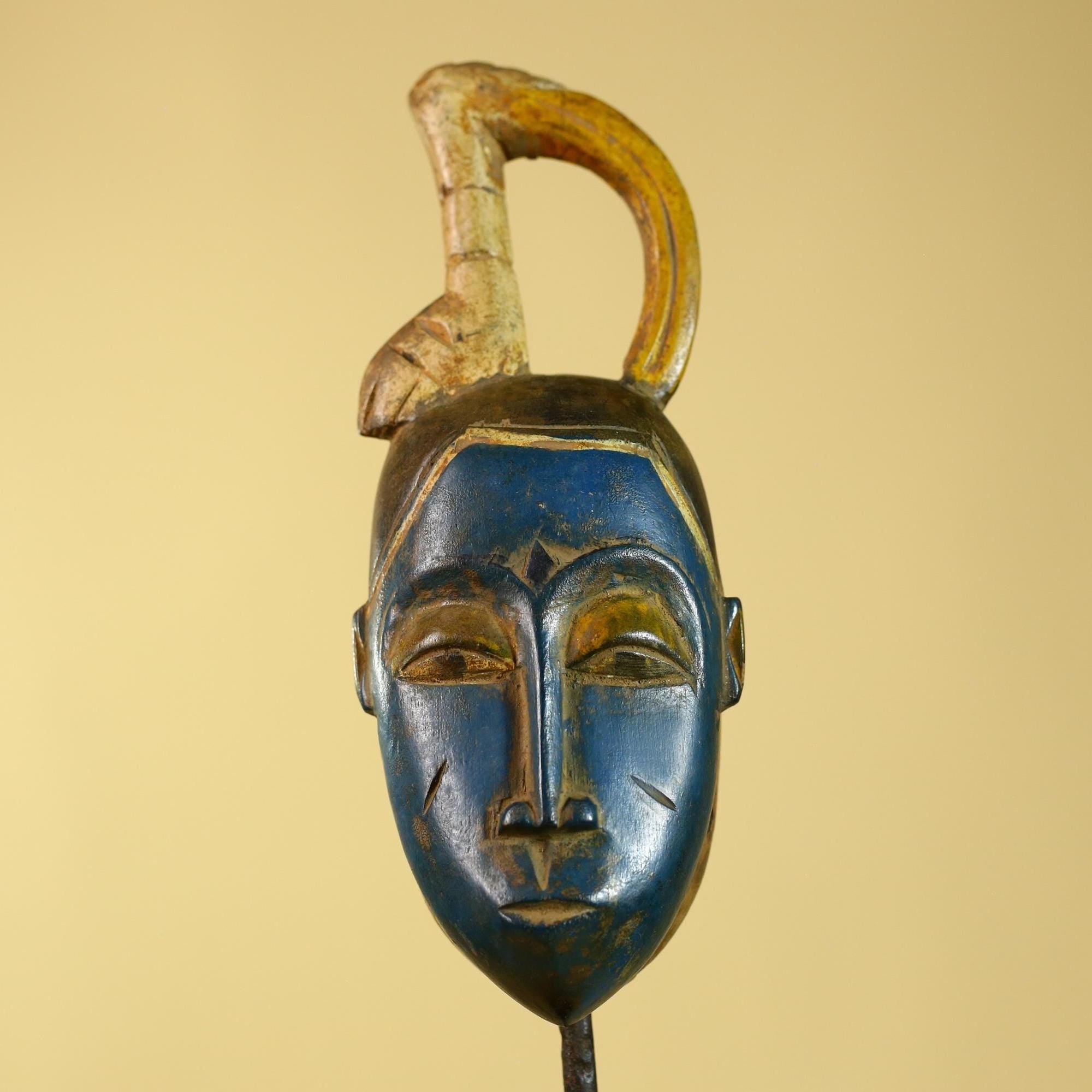 Vintage African Baule Style Mask with Curved Crest, Hand Carved Tribal Art-G6185