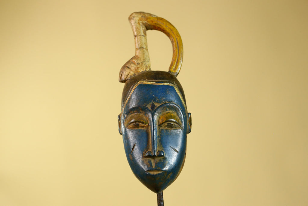 Vintage African Baule Style Mask with Curved Crest, Hand Carved Tribal Art-G6185