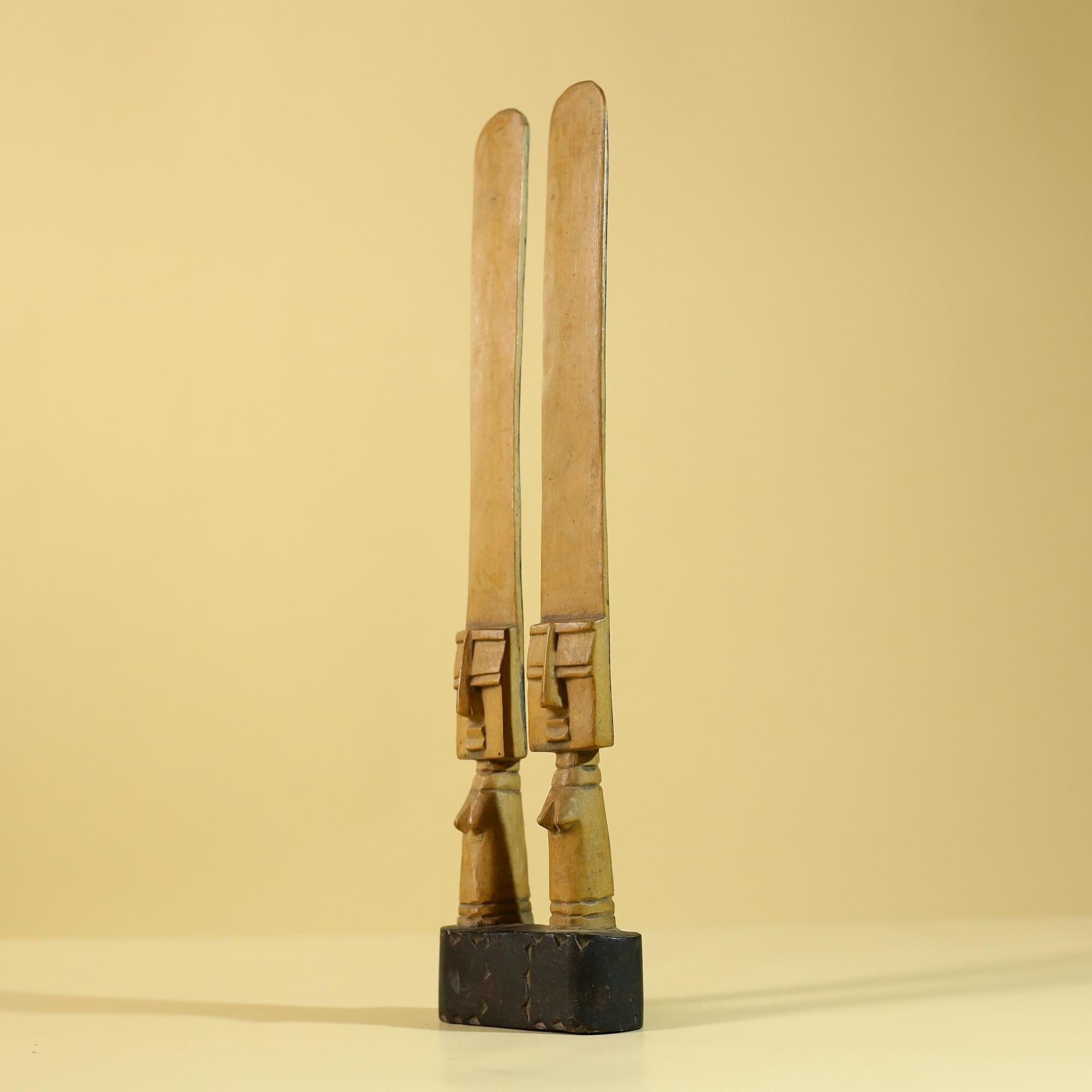 African Wooden Twin Figure Sculpture  Elongated Tribal Art, Hand Carved-G6256