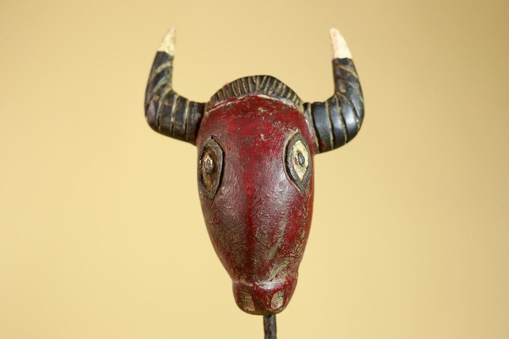 African Horned Mask Red Wooden African Art Tribal Wall Handmade Decor-G6259
