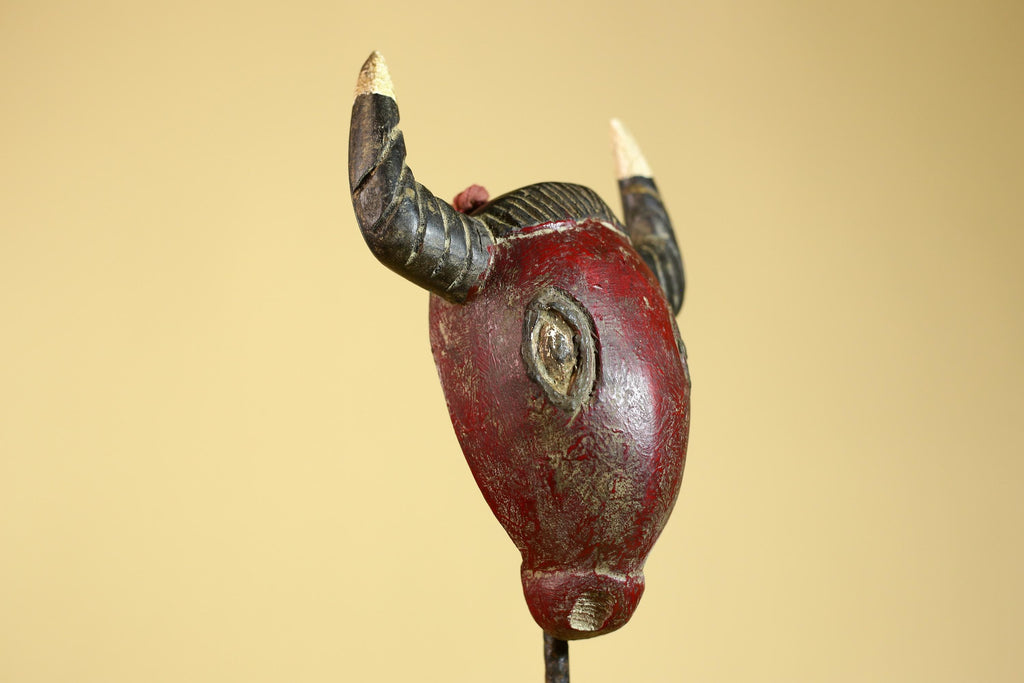 African Horned Mask Red Wooden African Art Tribal Wall Handmade Decor-G6259