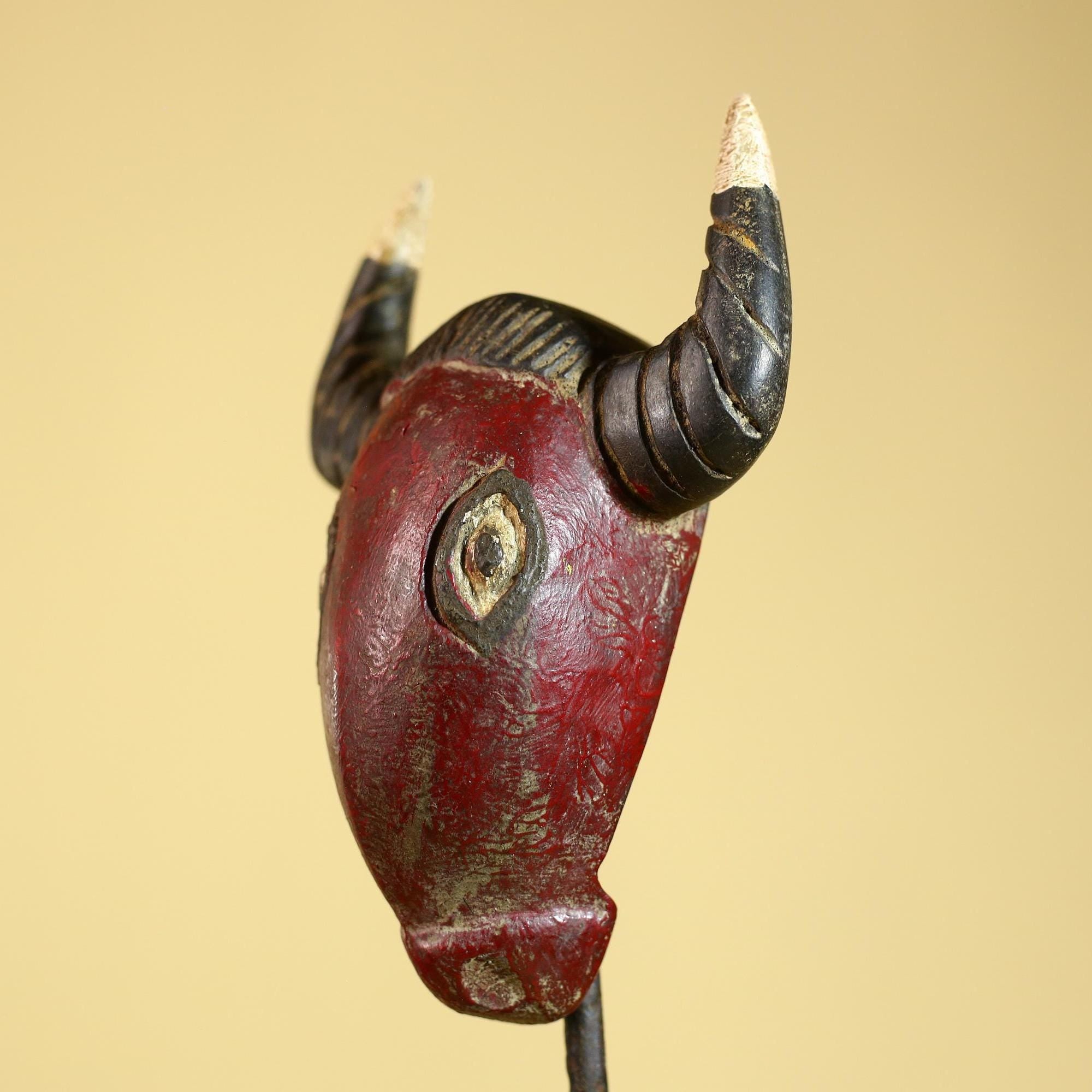 African Horned Mask Red Wooden African Art Tribal Wall Handmade Decor-G6259