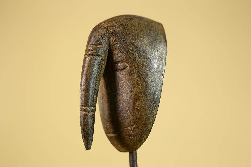 African Wooden Mask with Elongated Nose, Hand Carved Tribal Wood Art- G6264