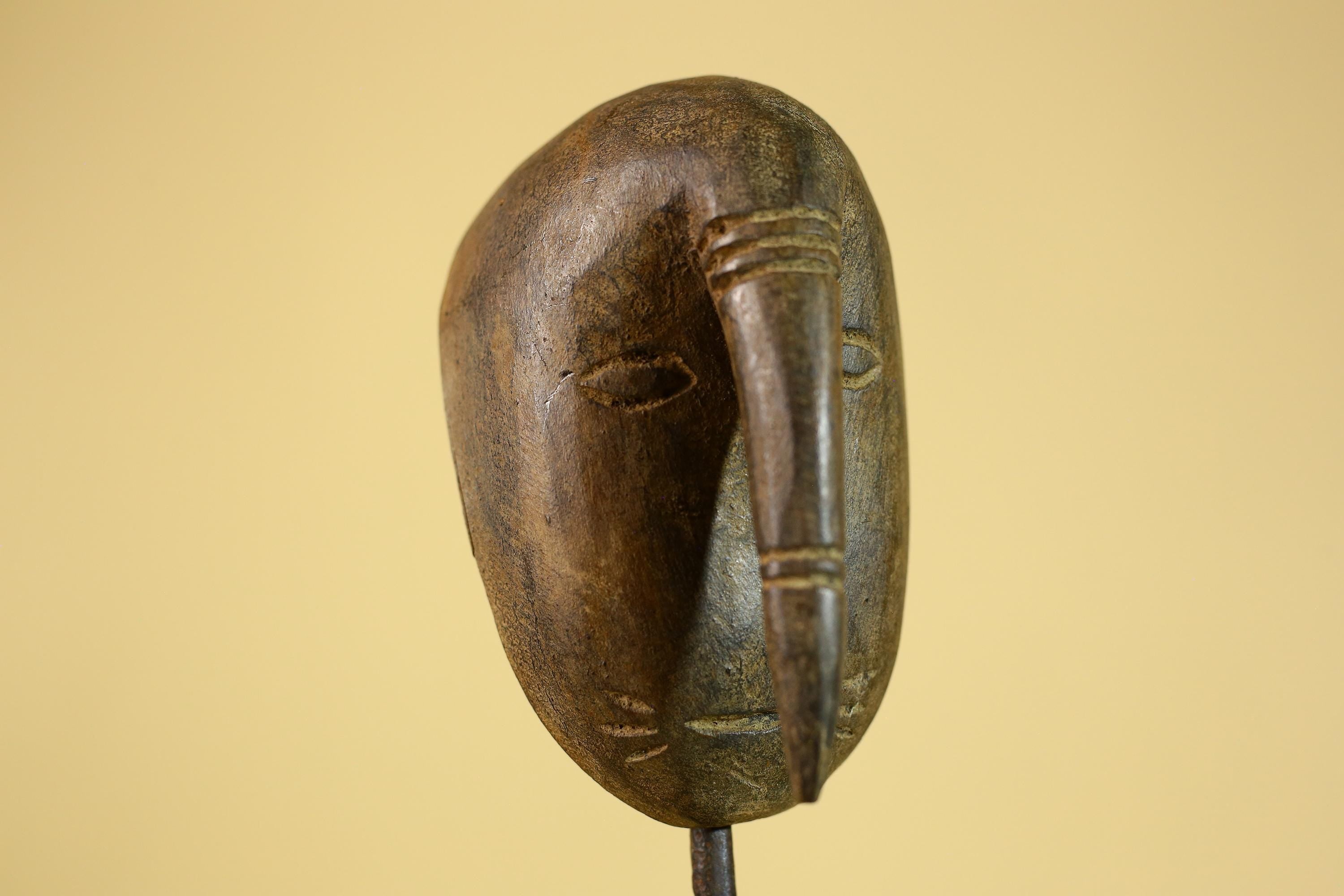 African Wooden Mask with Elongated Nose, Hand Carved Tribal Wood Art- G6264
