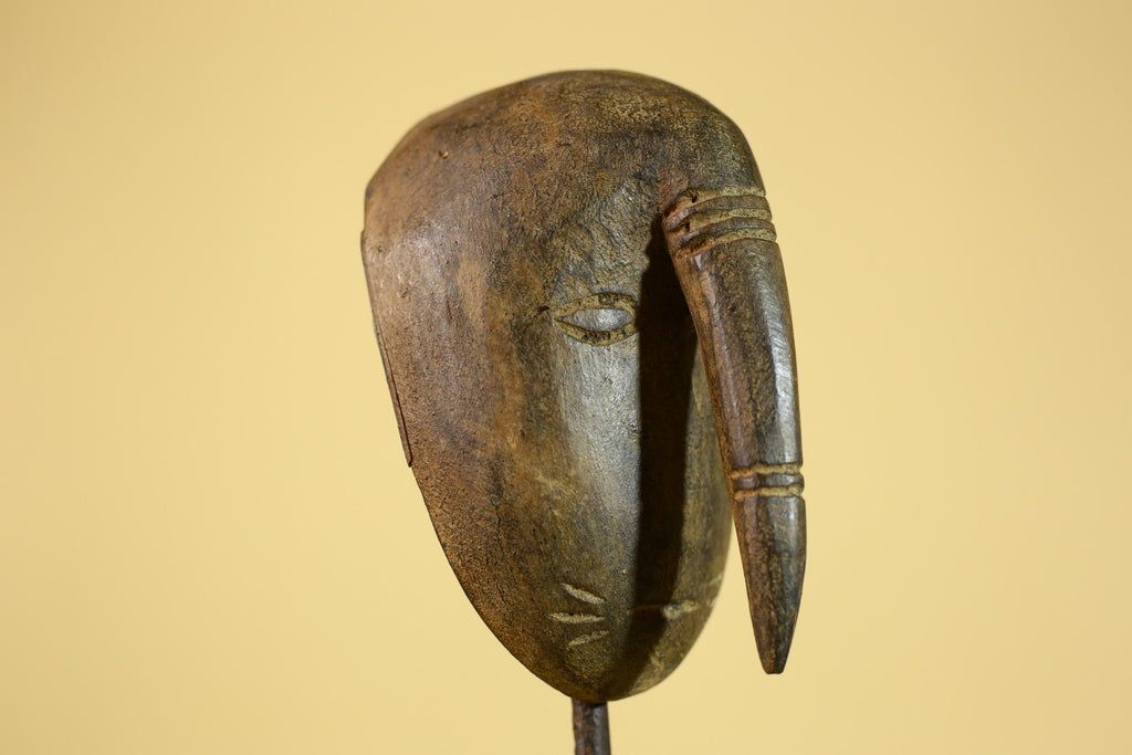 African Wooden Mask with Elongated Nose, Hand Carved Tribal Wood Art- G6264