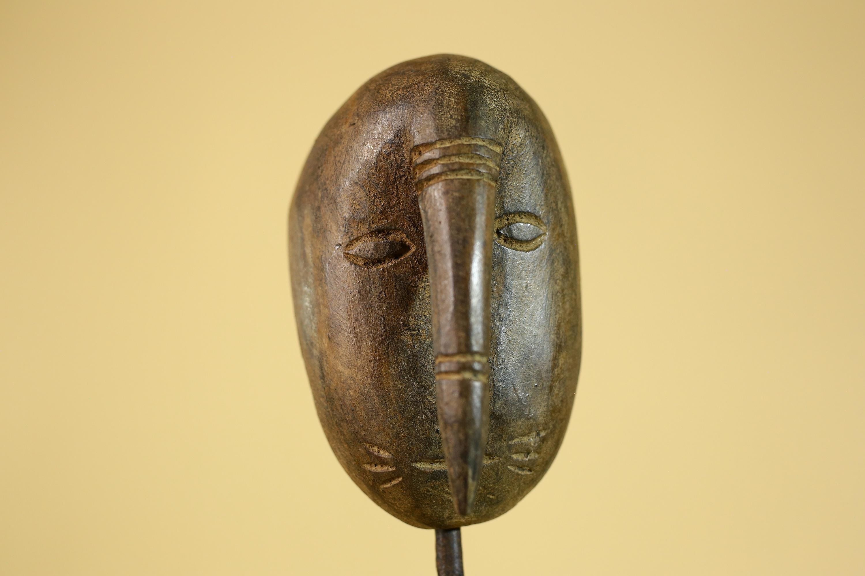 African Wooden Mask with Elongated Nose, Hand Carved Tribal Wood Art- G6264