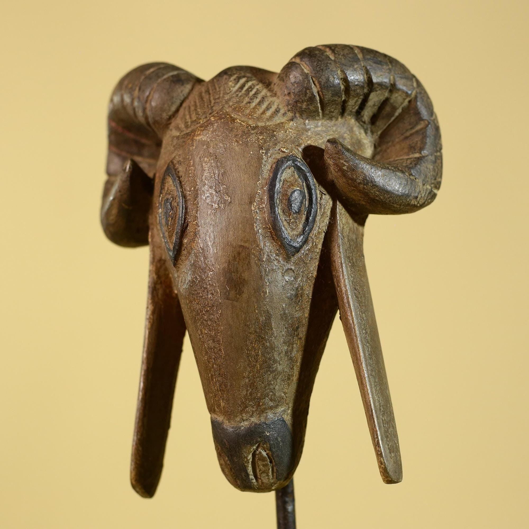 Antique African Wooden Ram Mask- Head Tribal Animal Art Carved Decor-G6199