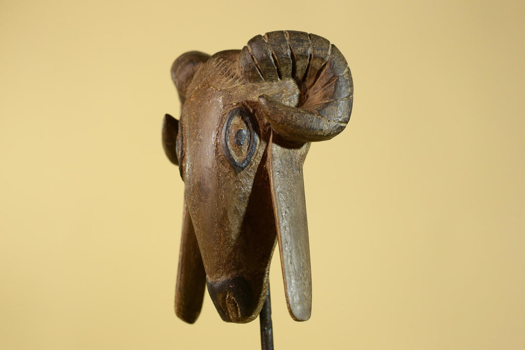 Antique African Wooden Ram Mask- Head Tribal Animal Art Carved Decor-G6199