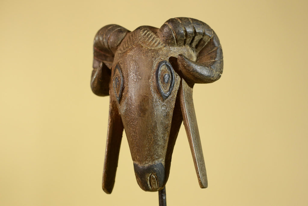 Antique African Wooden Ram Mask- Head Tribal Animal Art Carved Decor-G6199