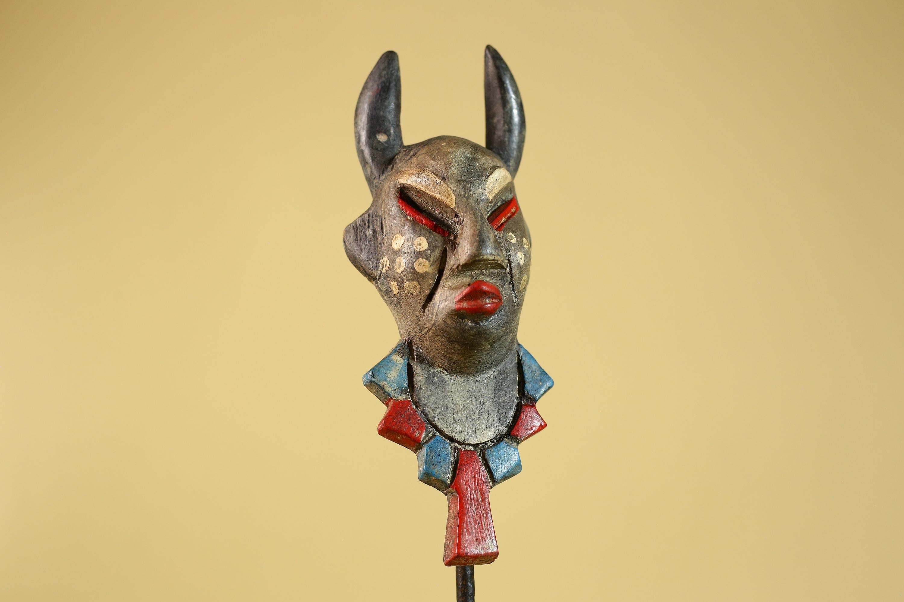 African Horned Ritual Mask,  Hand Carved Painted Tribal Ceremonial Art- G6265