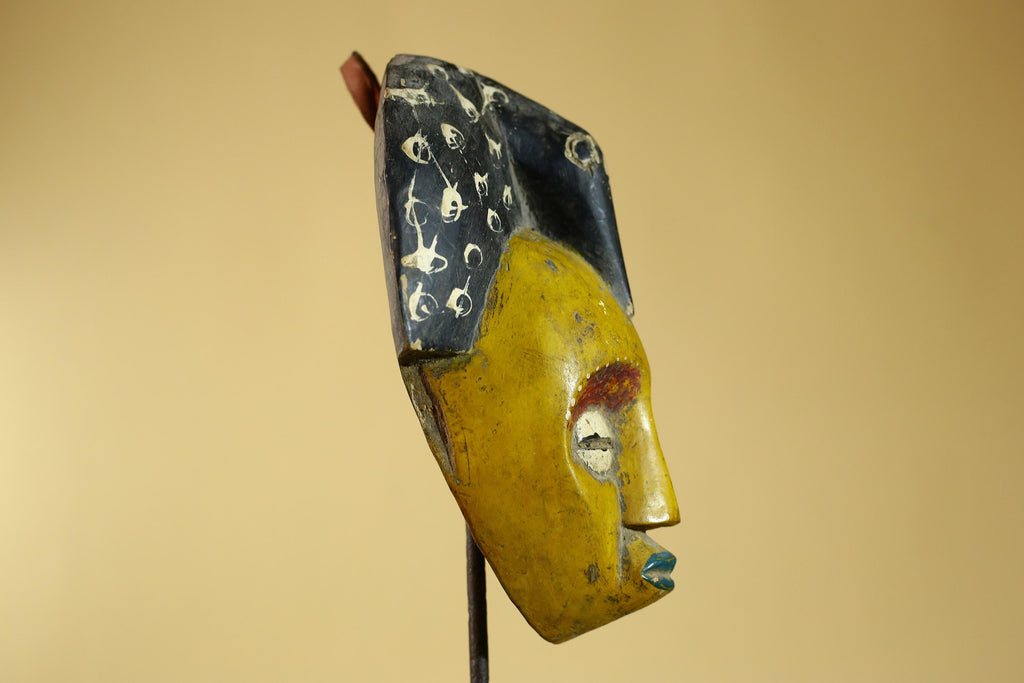 African Painted Wooden Mask with Patterned Headdress, Hand-Carved Tribal Wall Art-G6267