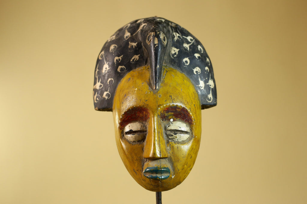 African Painted Wooden Mask with Patterned Headdress, Hand-Carved Tribal Wall Art-G6267