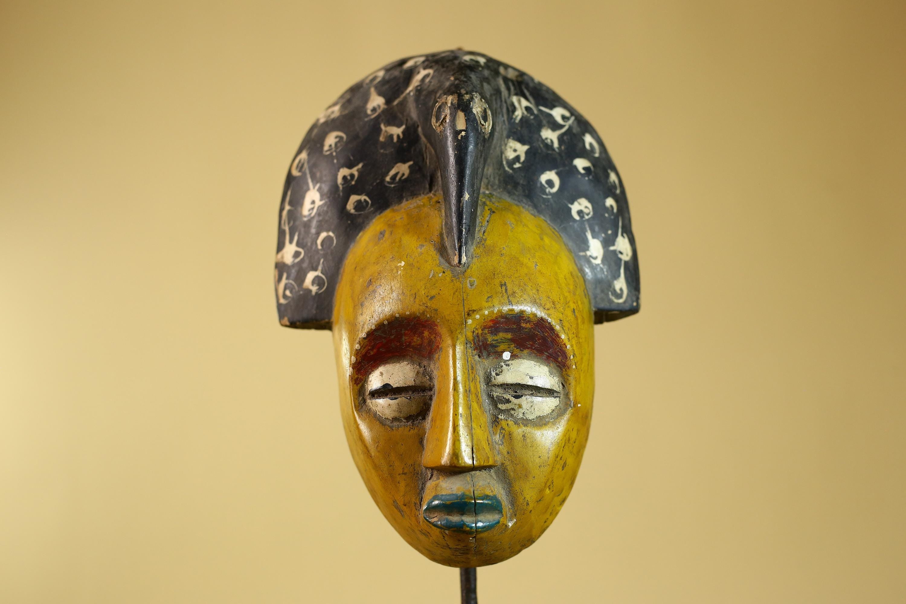 African Painted Wooden Mask with Patterned Headdress, Hand-Carved Tribal Wall Art-G6267