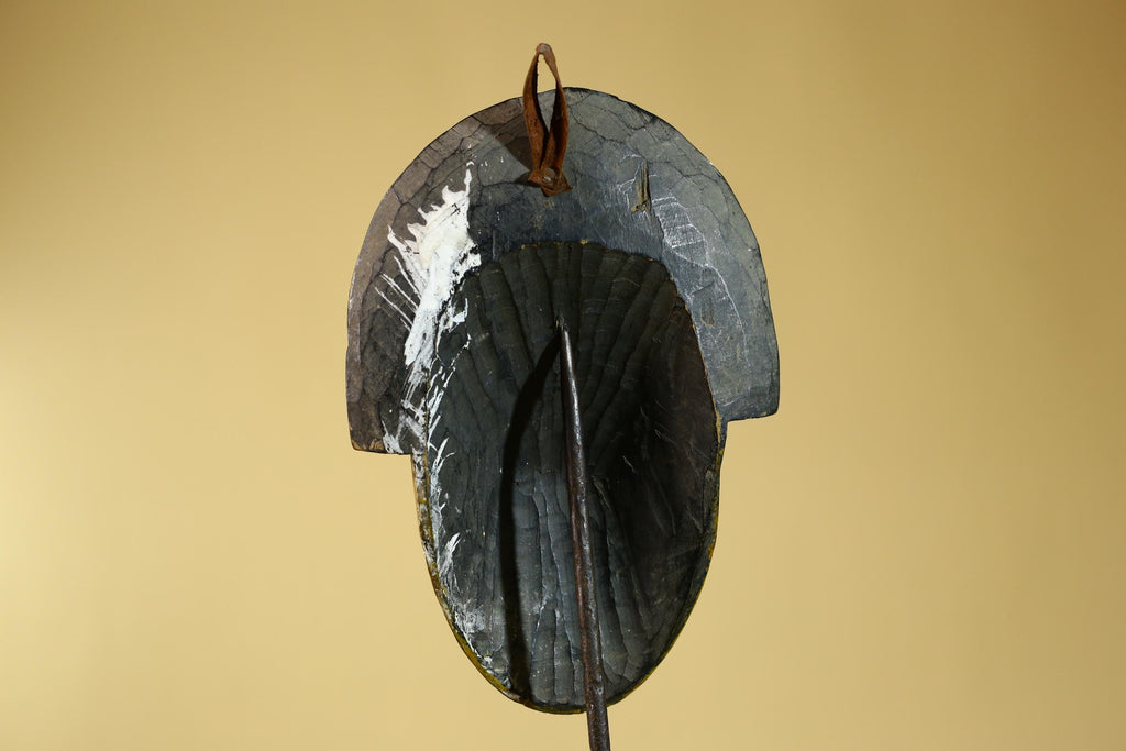 African Painted Wooden Mask with Patterned Headdress, Hand-Carved Tribal Wall Art-G6267