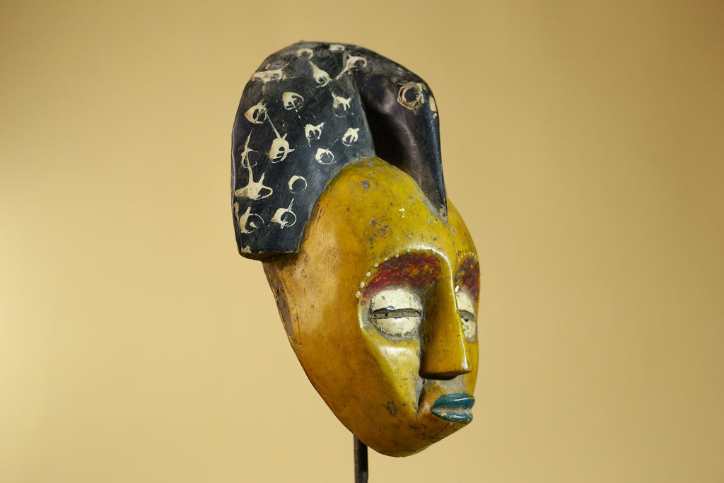 African Painted Wooden Mask with Patterned Headdress, Hand-Carved Tribal Wall Art-G6267