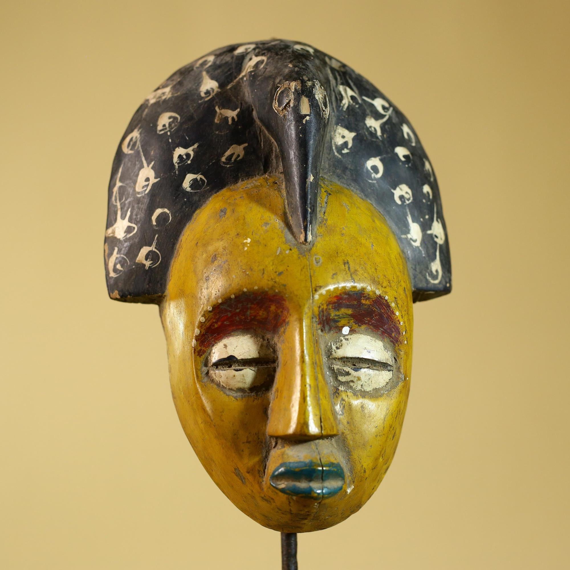 African Painted Wooden Mask with Patterned Headdress, Hand-Carved Tribal Wall Art-G6267