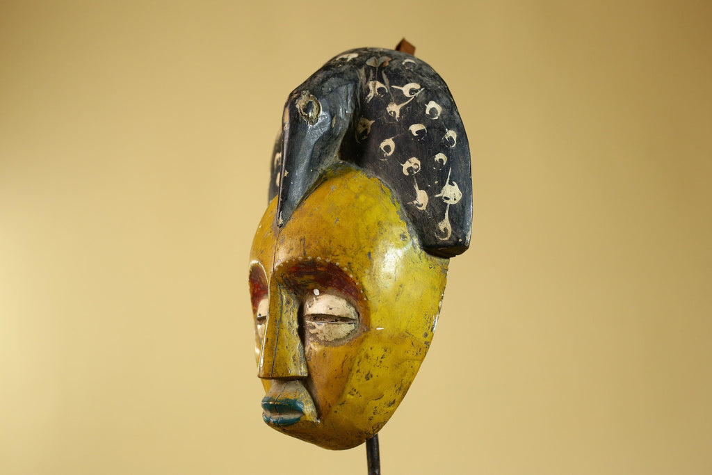 African Painted Wooden Mask with Patterned Headdress, Hand-Carved Tribal Wall Art-G6267