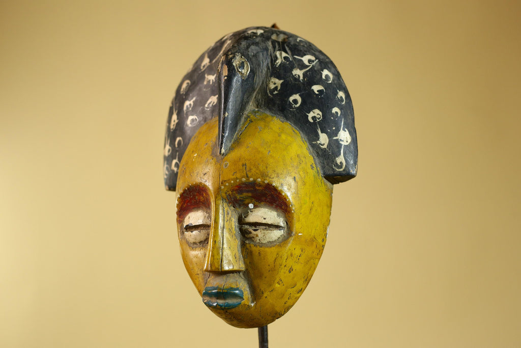 African Painted Wooden Mask with Patterned Headdress, Hand-Carved Tribal Wall Art-G6267