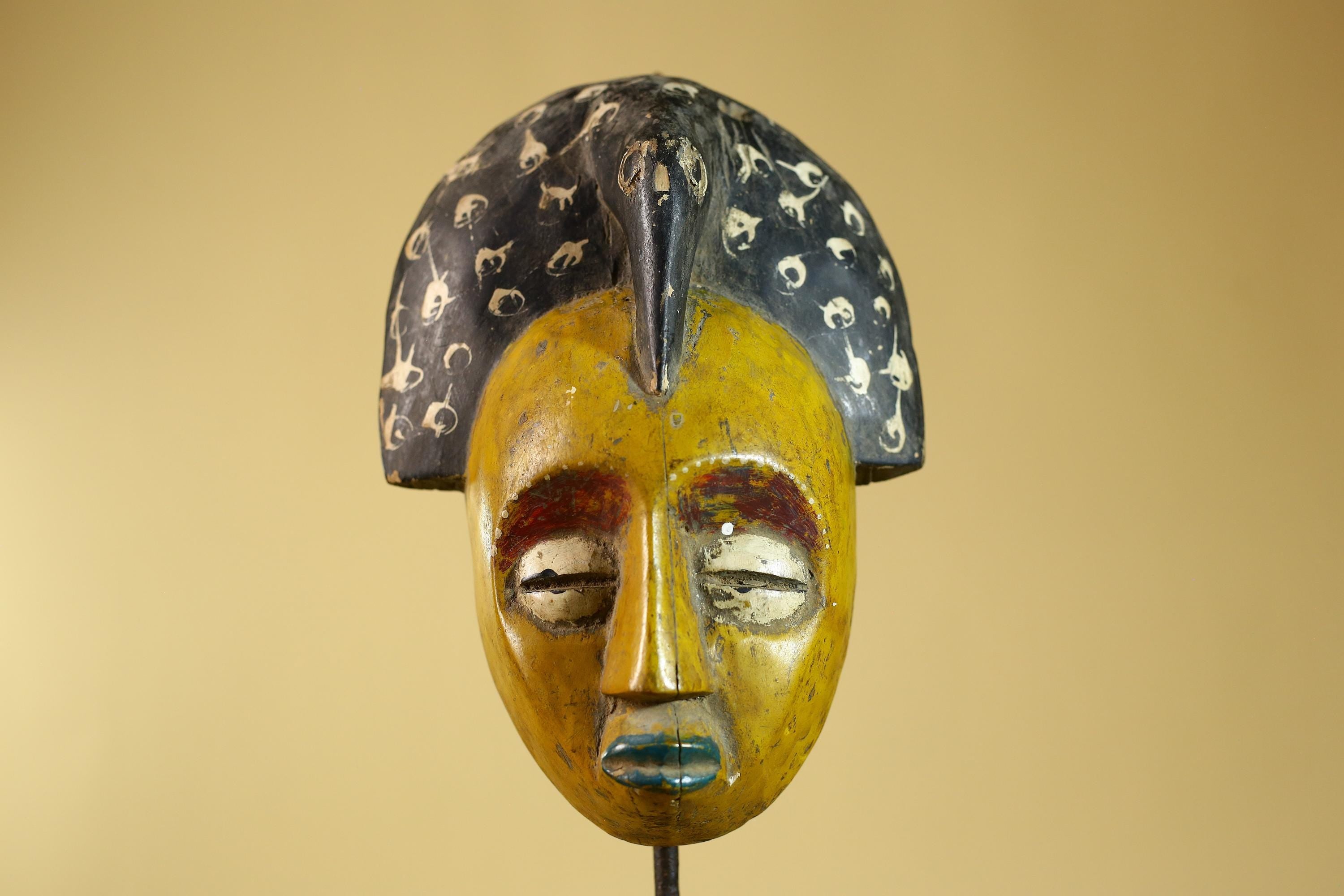 African Painted Wooden Mask with Patterned Headdress, Hand-Carved Tribal Wall Art-G6267