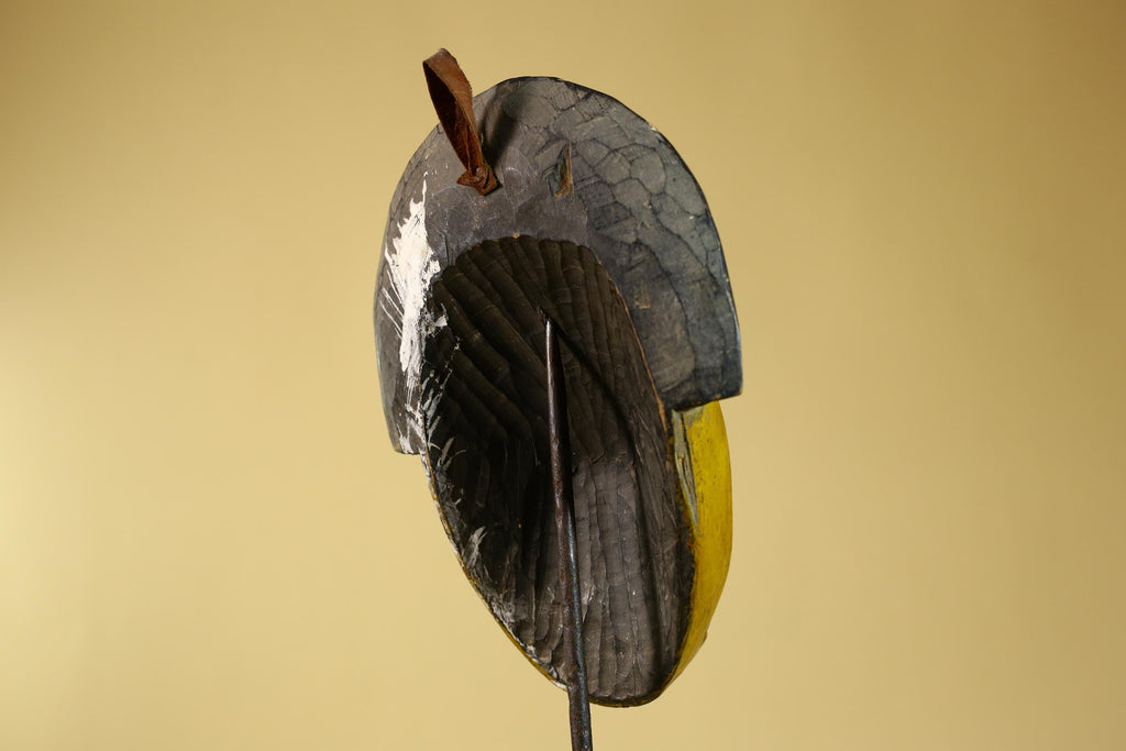 African Painted Wooden Mask with Patterned Headdress, Hand-Carved Tribal Wall Art-G6267