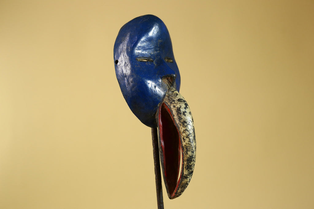 African Dan Bird Mask, Blue Carved Wood Ritual Mask from West Africa- G6269