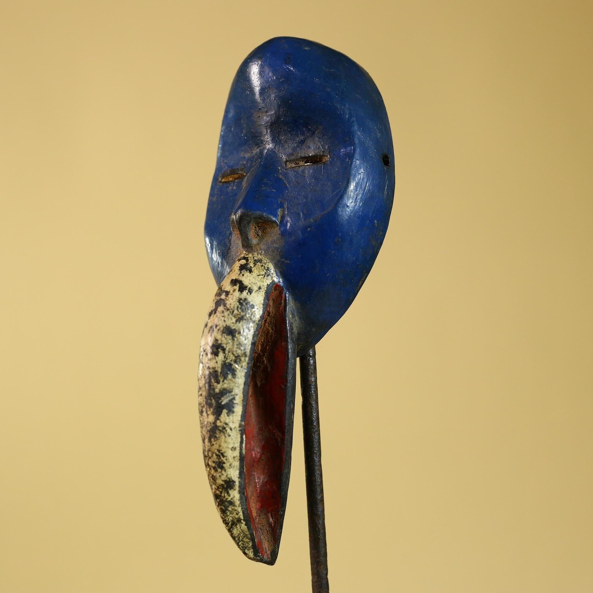 African Dan Bird Mask, Blue Carved Wood Ritual Mask from West Africa- G6269