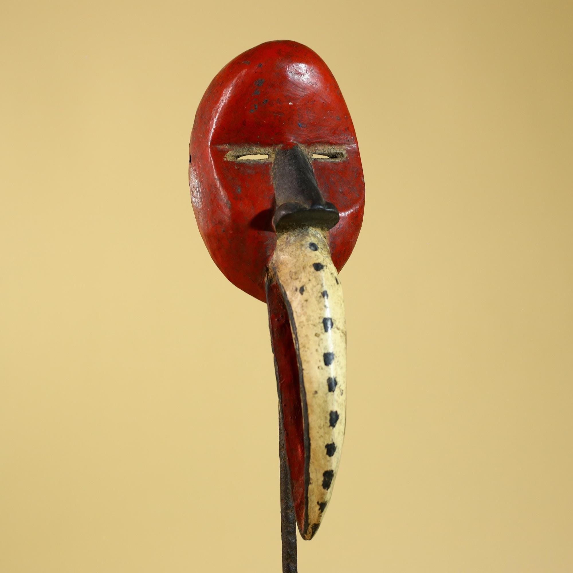 African Dan Bird Mask – Red Painted Wooden Ritual Mask with Long Beak- G6270
