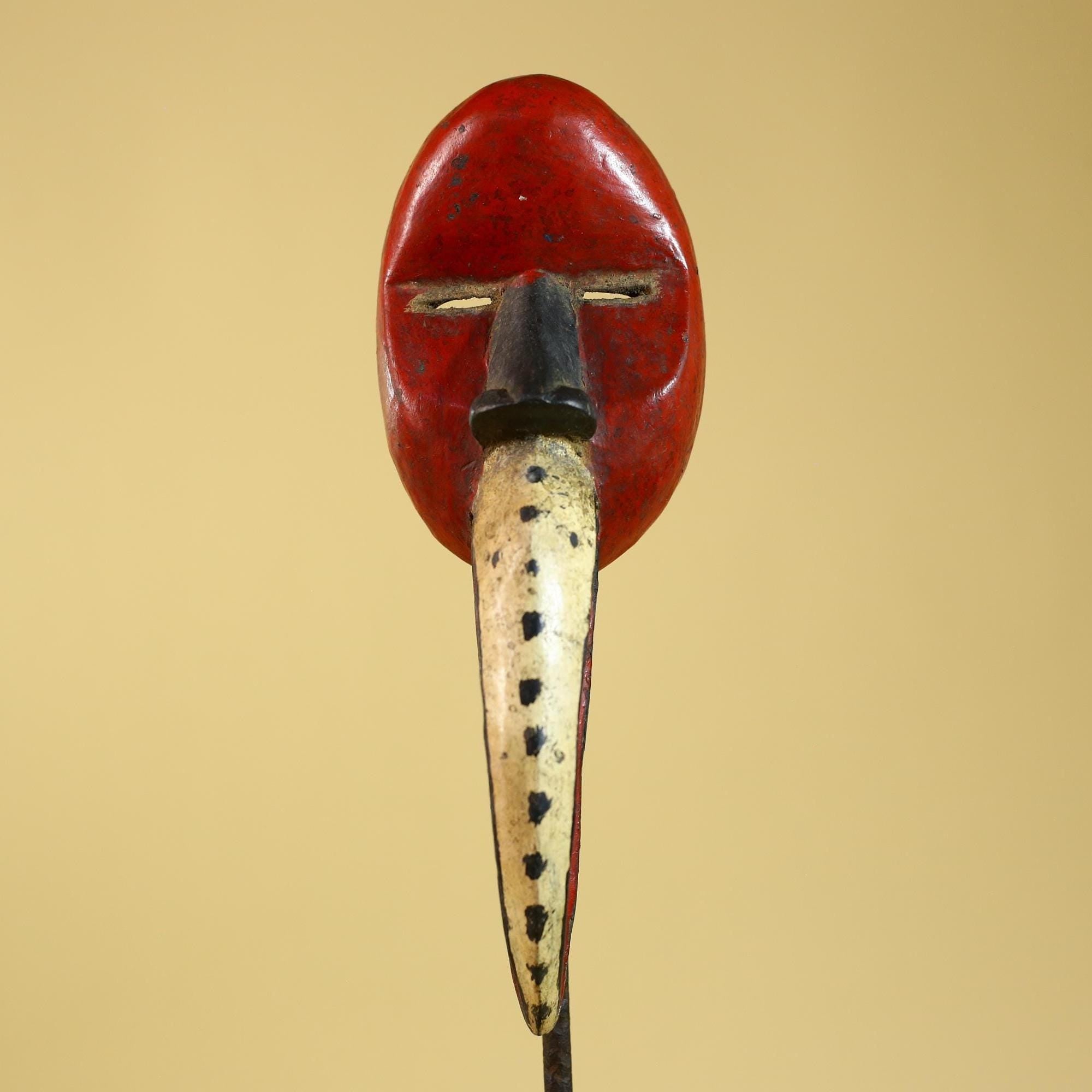 African Dan Bird Mask – Red Painted Wooden Ritual Mask with Long Beak- G6270