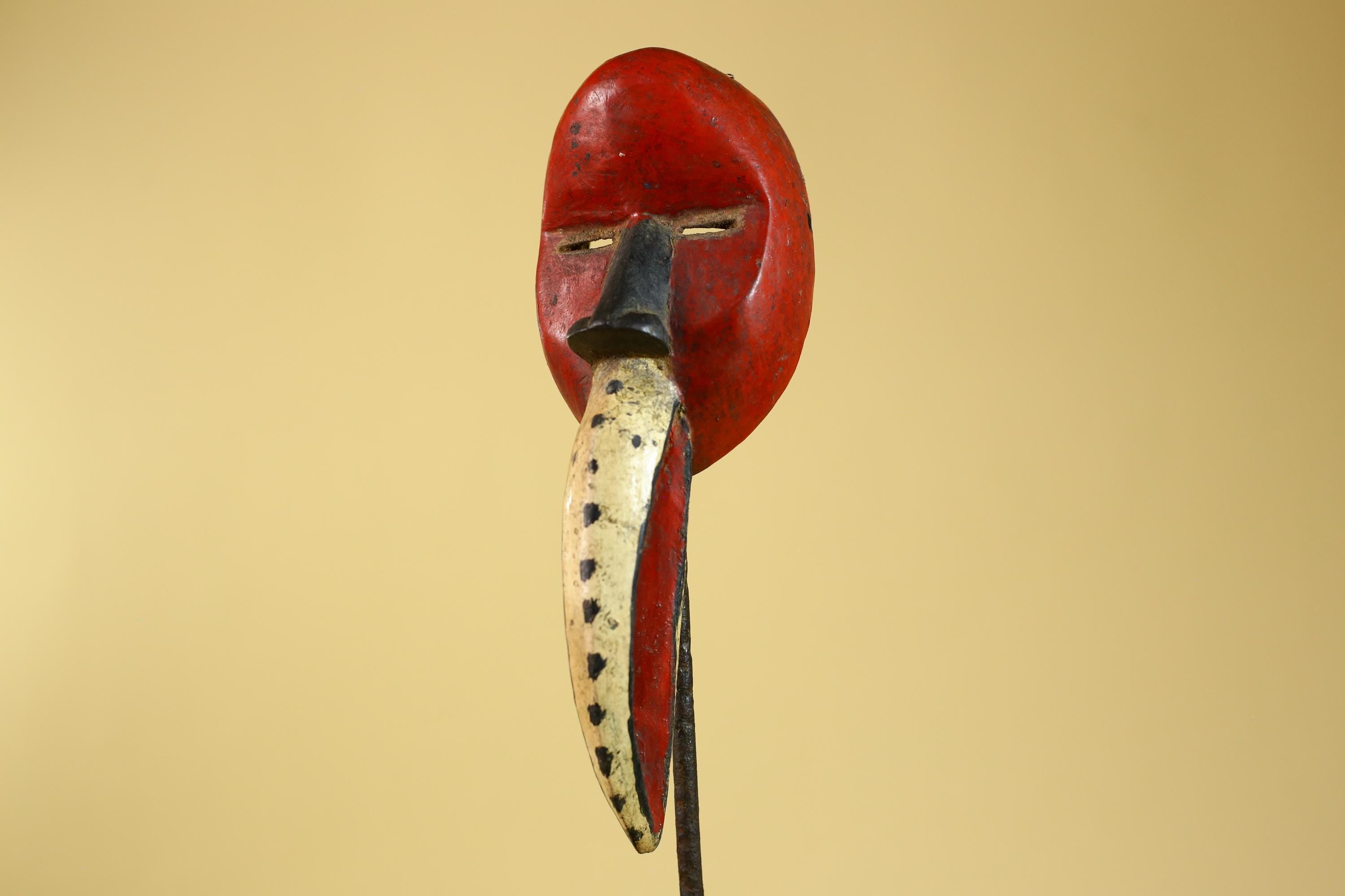 African Dan Bird Mask – Red Painted Wooden Ritual Mask with Long Beak- G6270