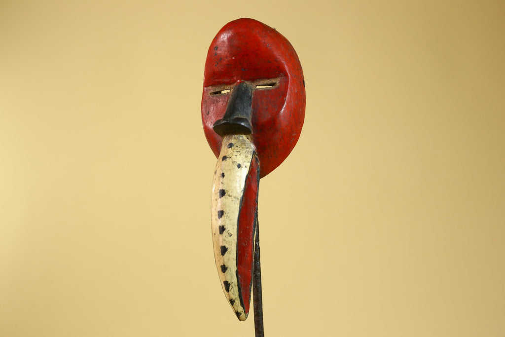 African Dan Bird Mask – Red Painted Wooden Ritual Mask with Long Beak- G6270