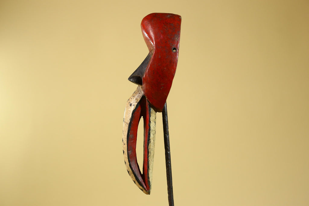 African Dan Bird Mask – Red Painted Wooden Ritual Mask with Long Beak- G6270