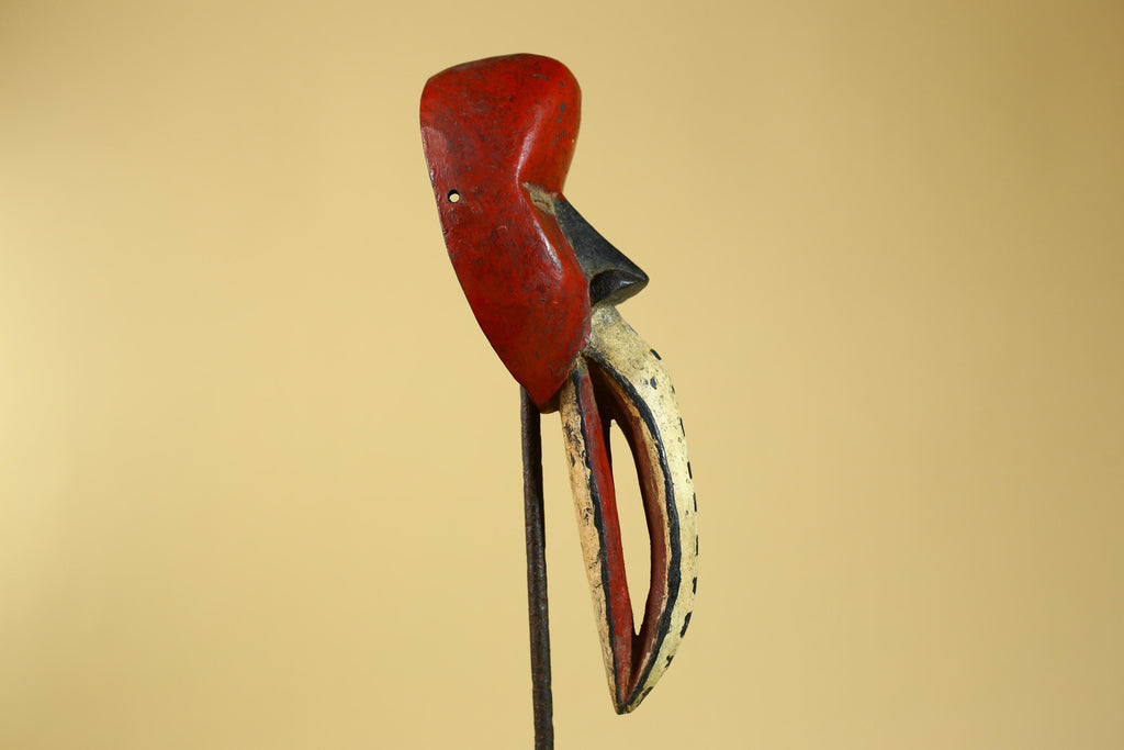 African Dan Bird Mask – Red Painted Wooden Ritual Mask with Long Beak- G6270
