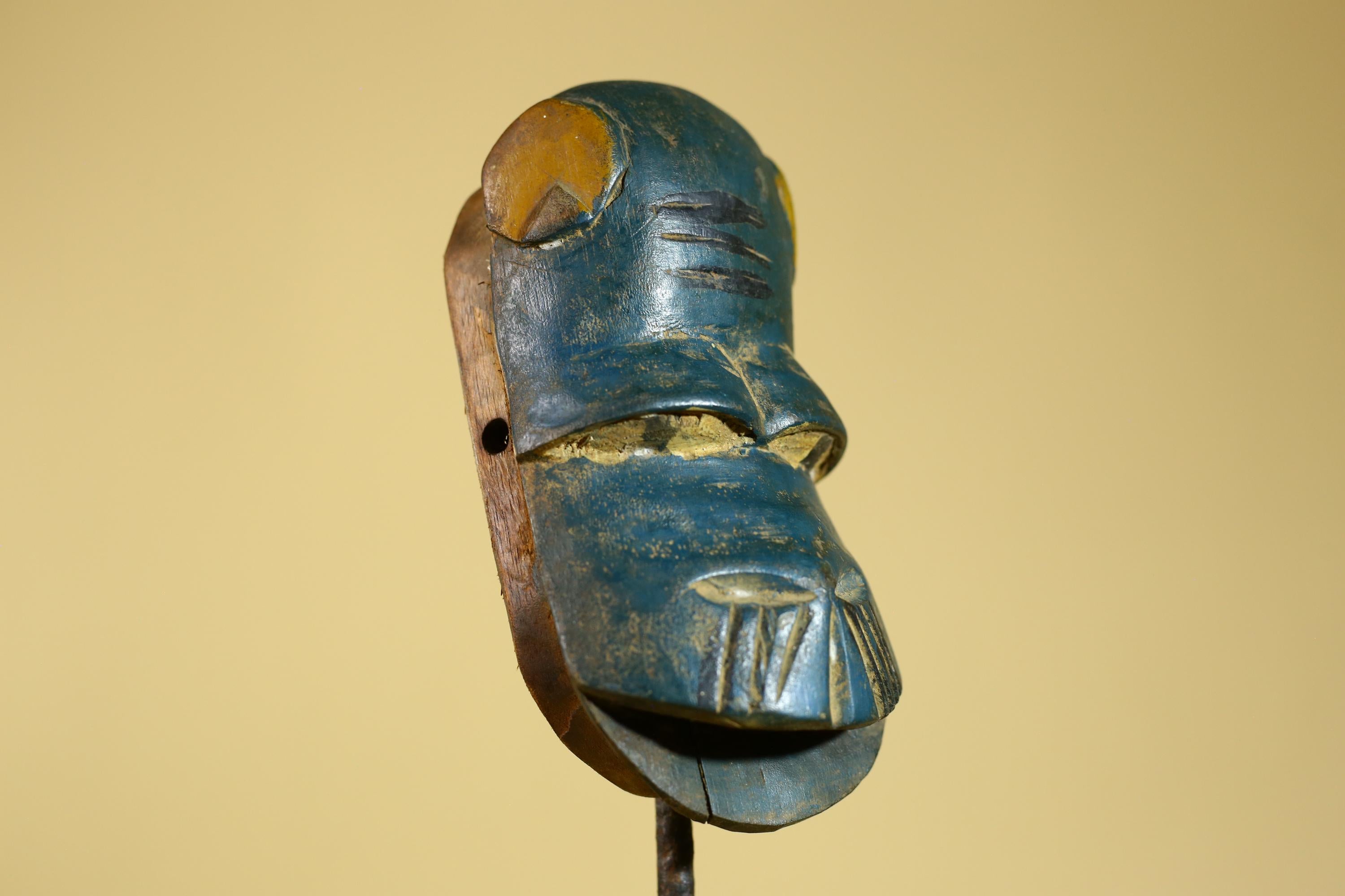 African Baule Mask – Hand Carved Blue Tribal Wood Wall decor-G6274