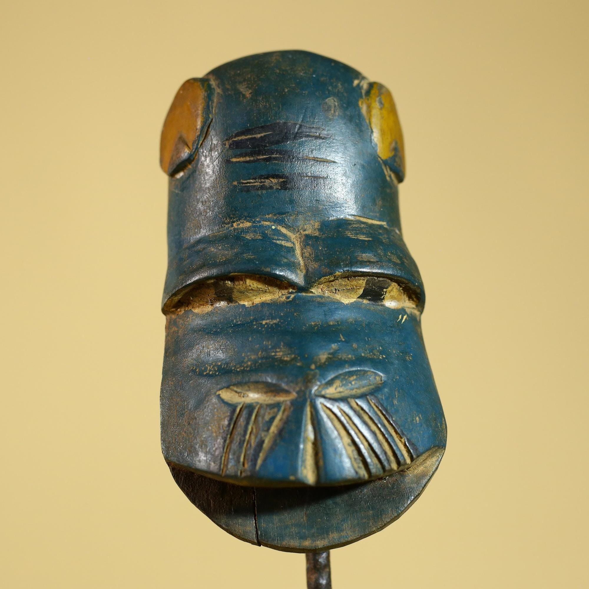 African Baule Mask – Hand Carved Blue Tribal Wood Wall decor-G6274