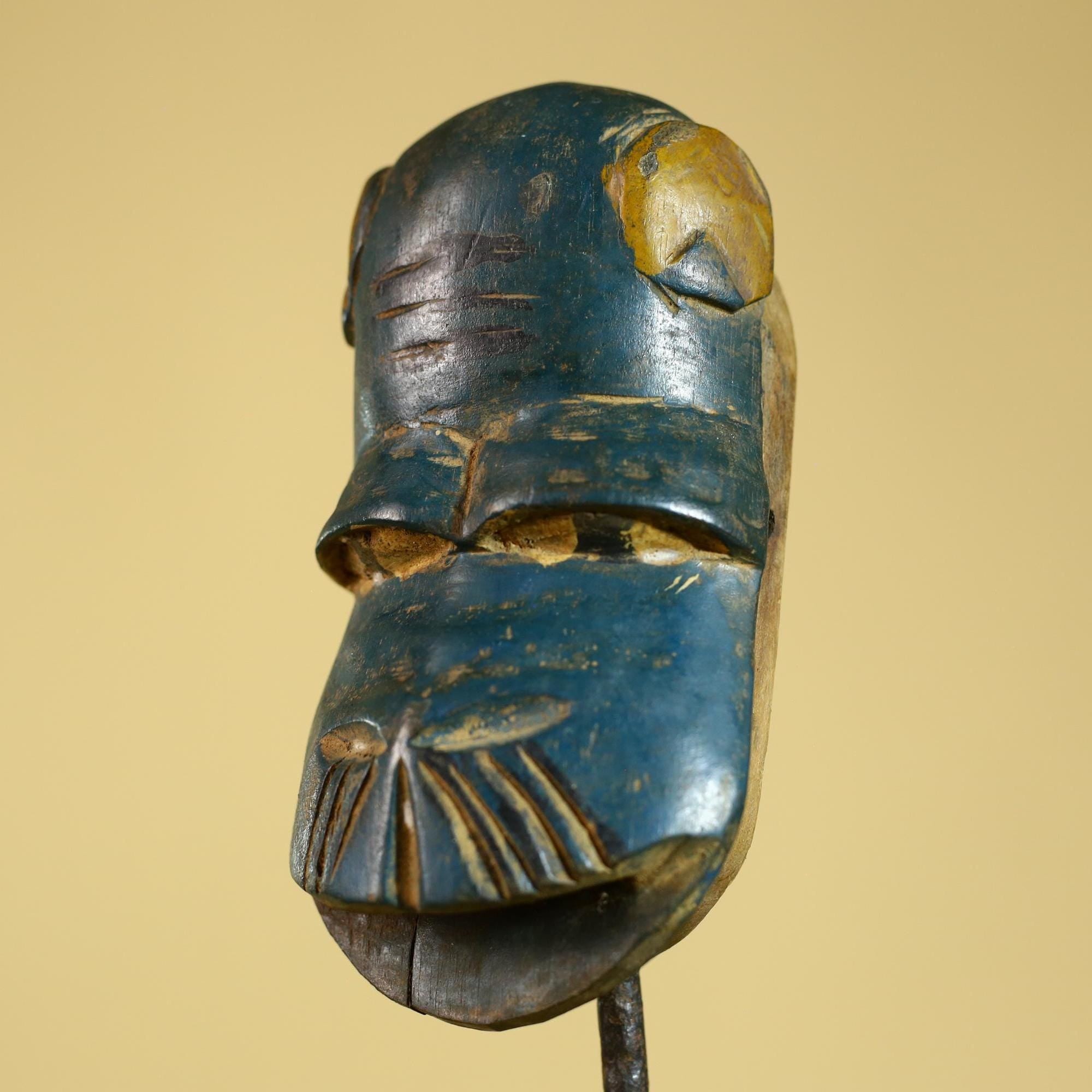 African Baule Mask – Hand Carved Blue Tribal Wood Wall decor-G6274