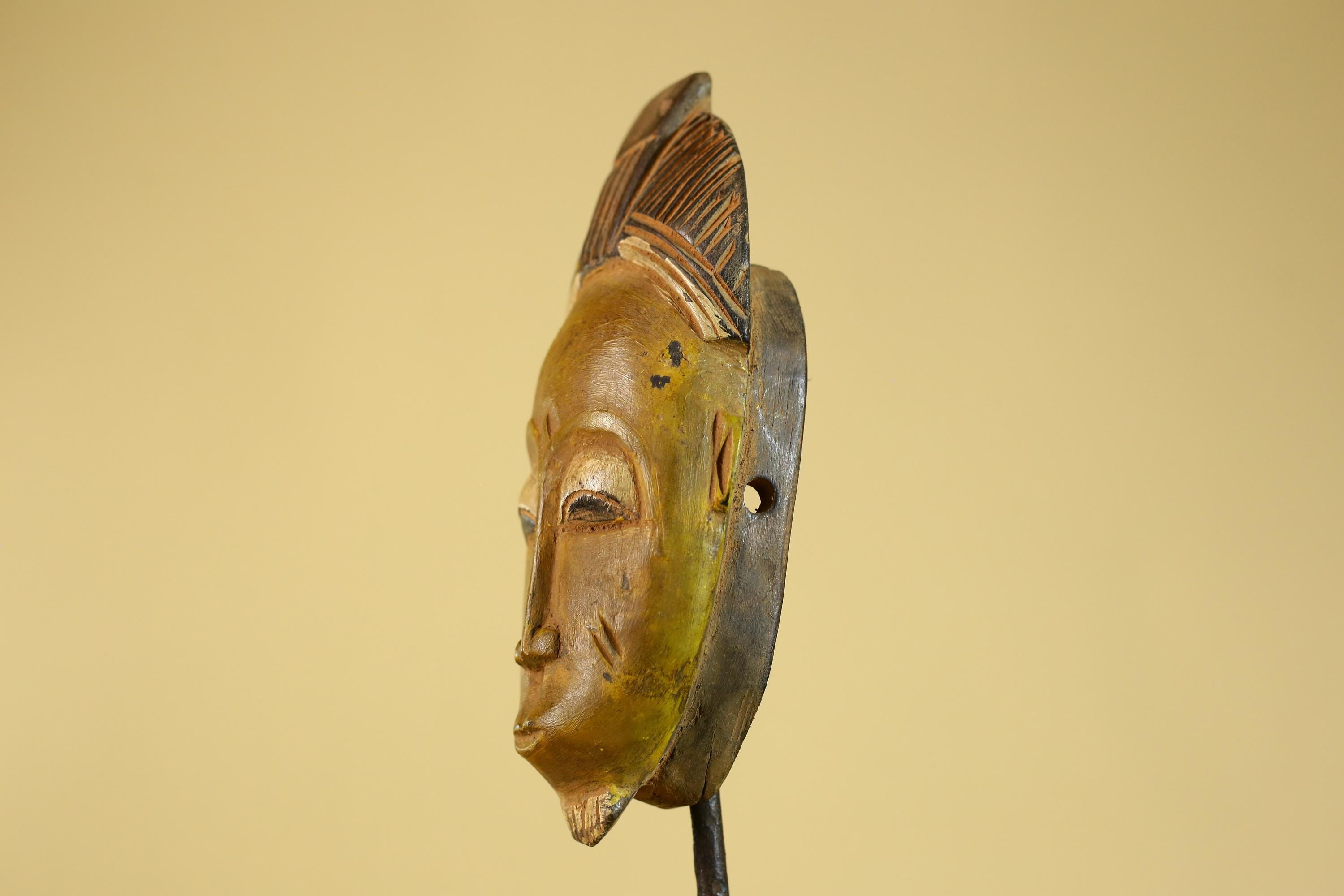 African Baule Portrait Mask – Hand Carved Wood with Geometric Crest-G6275