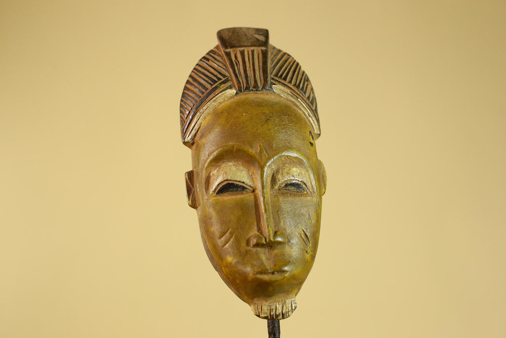 African Baule Portrait Mask – Hand Carved Wood with Geometric Crest-G6275