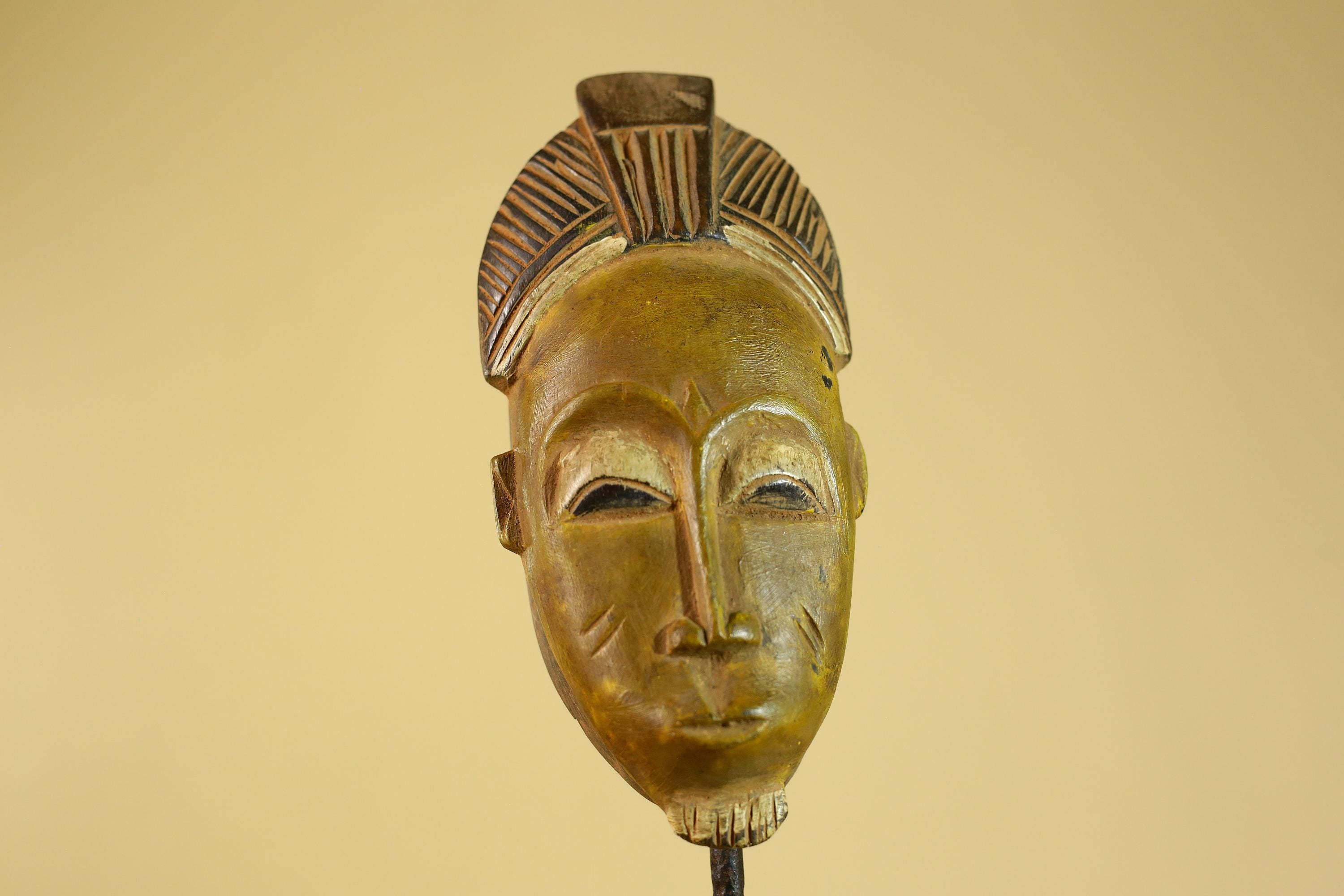African Baule Portrait Mask – Hand Carved Wood with Geometric Crest-G6275