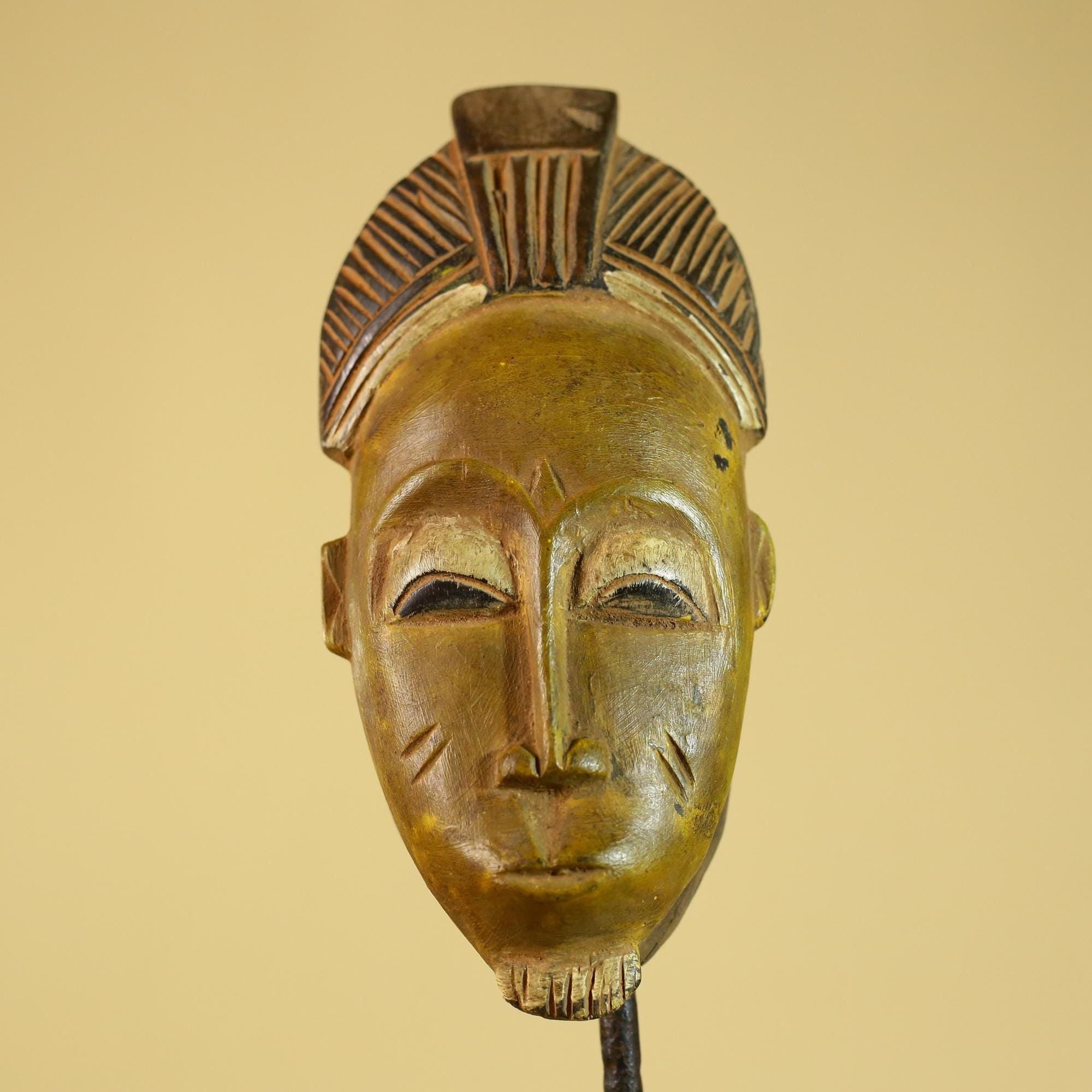 African Baule Portrait Mask – Hand Carved Wood with Geometric Crest-G6275