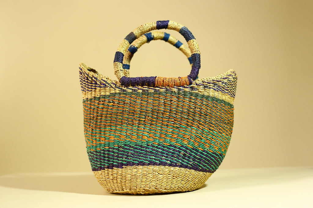 Handwoven African Bolga Basket • Multicolor Grass Market Tote from Ghana-G6276