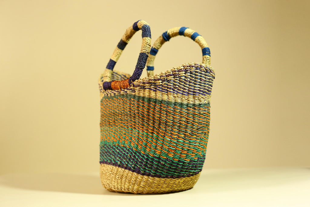Handwoven African Bolga Basket • Multicolor Grass Market Tote from Ghana-G6276